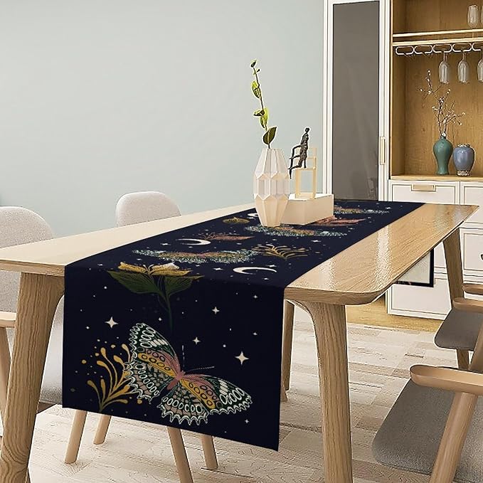 Gothic Moth Table Runner, Boho Gothic Floral Butterfly Sun Moon Mystical Witchy Starlight Coffee Table Center Decor for Home Kitchen Dining Patio Holiday Party Table Decorations 13x90 inches