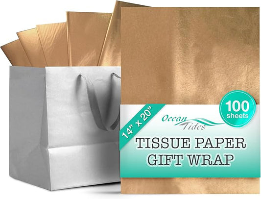 Ocean Tides 100 Sheets (14 x 20 Inches) Christmas Wrapping Paper – Gift Wrapping Tissue Paper Bulk for Crafts, Birthdays, & Holidays – Colored Tissue Papers for Gift Bags & Decorations, Gold