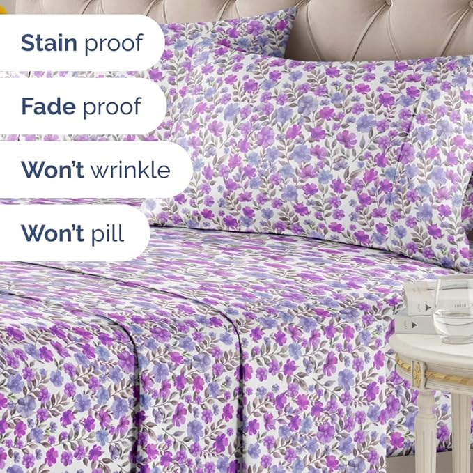 Floral Sheets - Purple Floral Bed Sheet Set - 1 Flat, 1 Fitted & 2 Pillowcases w/ Deep Pockets - Comfy, Wrinkle & Fade Free Boho Botanical Bedding - Ultra-Soft, Breathable & Cooling - Queen Size New