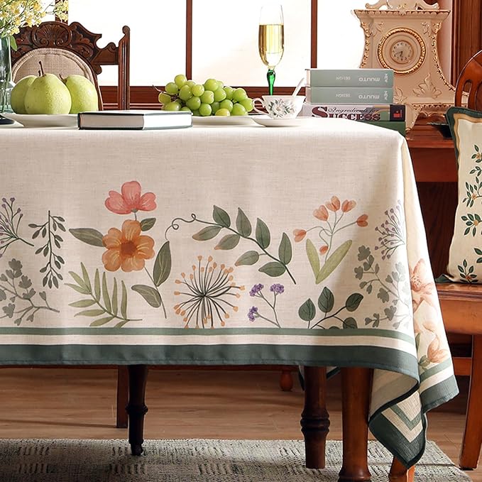 Beige Linen Small Rectangle Tablecloth,Vintage French Shabby Chic Floral Wrinkle Free Table Cloth,Decor Table Cover for Kitchen,Dining,Party,Christmas,Thanksgiving,55"*71"-Manolya