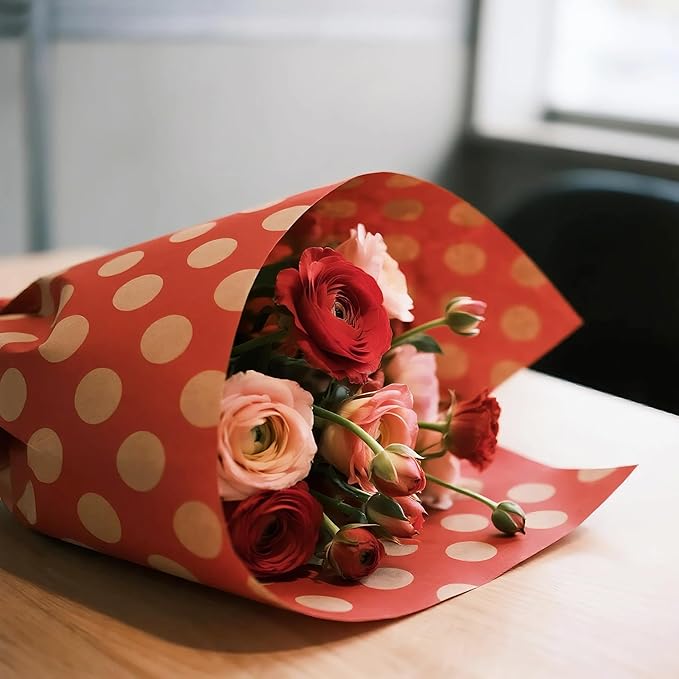 LeZakaa 20 Sheets Kraft Dots Flower Wrapping Paper, Reversible Red with White Polka Dots Floral Bouquet Paper for Christmas, Valentines, Mothers Day, Party, Birthday, Wedding, Baby Shower