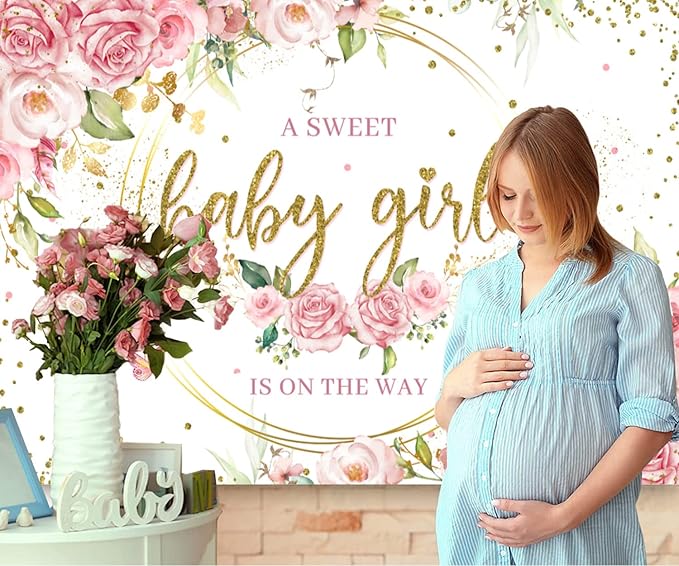 Sensfun Glitter Gold Baby Girl Backdrop Pink Floral Baby Photography Background Watercolor Flower Sweet Baby Girls Party Decorations Banner Photo Booth Supplies 10x6.5ft