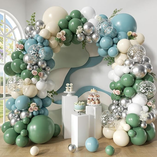 Retro Bean Green Balloon Arch Kit, 145Pcs Dusty Blue White Pastel Beige Sliver Confetti Balloons for Baby Bridal Shower Wedding Engagement Birthday Party Decorations