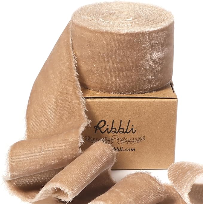 Ribbli Camel Velvet Ribbon 1.5 Inch Handmade Frayed Vintage Christmas Ribbon for Gift Wrapping Christmas Tree Ornament Wreath Craft Home Decor -3 Yards