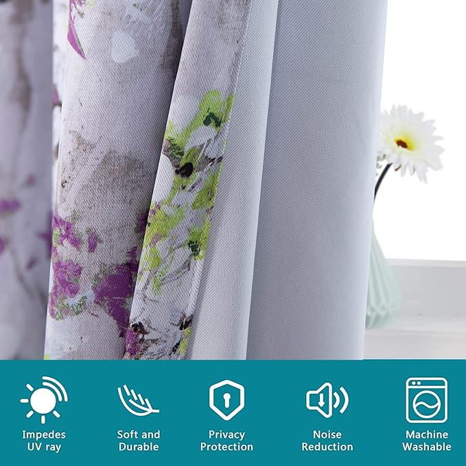 MYSKY HOME Purple Curtains 72 inches Long Thermal Insulated Curtains 2 Panels for Living Room Bedroom Vintage Floral Printed Curtains with Grommet