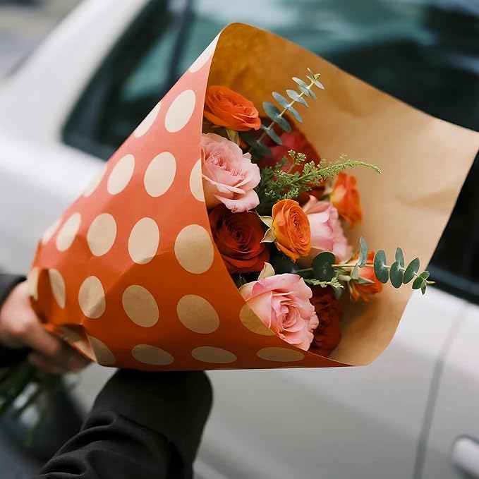 LeZakaa 20 Sheets Kraft Dots Flower Wrapping Paper, Reversible Orange with White Polka Dots Floral Bouquet Paper for Valentines, Mothers Day, Wedding Party, Fall Birthday, Thanksgiving Autumn Decor