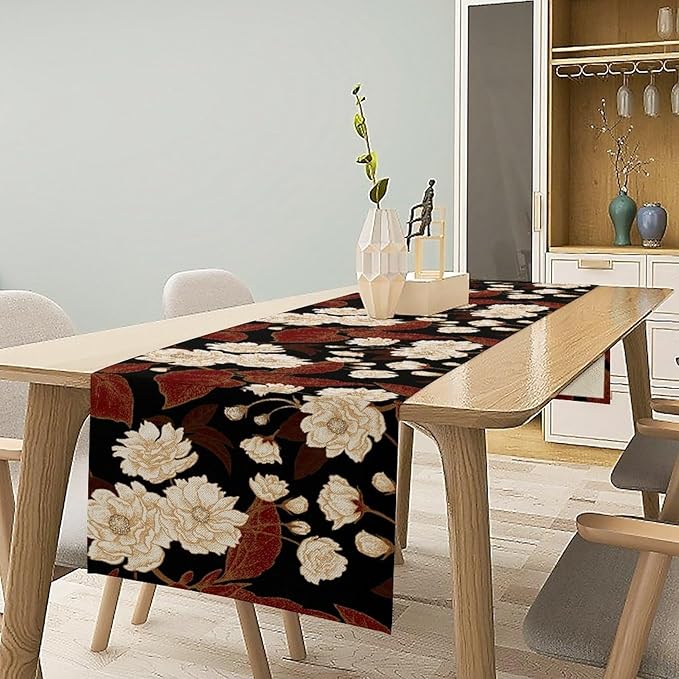 Vintage Flowers Table Runner,Boho Red Gold Floral Plant Print Art Table Runner for Home Kitchen Table Dining Indoor Outdoor Party Decor 13x60 Inch