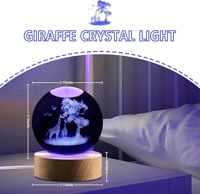 Giraffe Gifts for Women, 3.15in 3D Giraffes Figurine Crystal Ball Lamp with Remote Control, Giraffes Decor for Bedroom, Giraffe Figurine Birthday Christmas for Kids Girls Boys Women