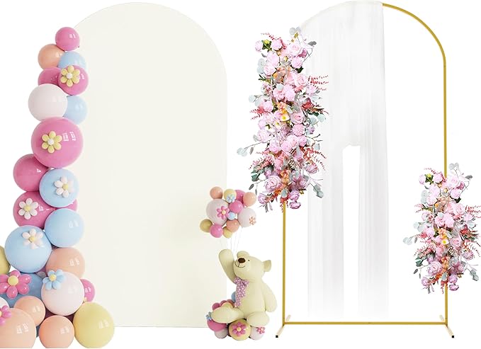 Putros 7.2ft Metal Arch Stand with Cover Ivory Spandex Fitted Wedding Arch Cover and Round Top Chiara Backdrop Stand Set for Birthday Party Baby Shower Decoration