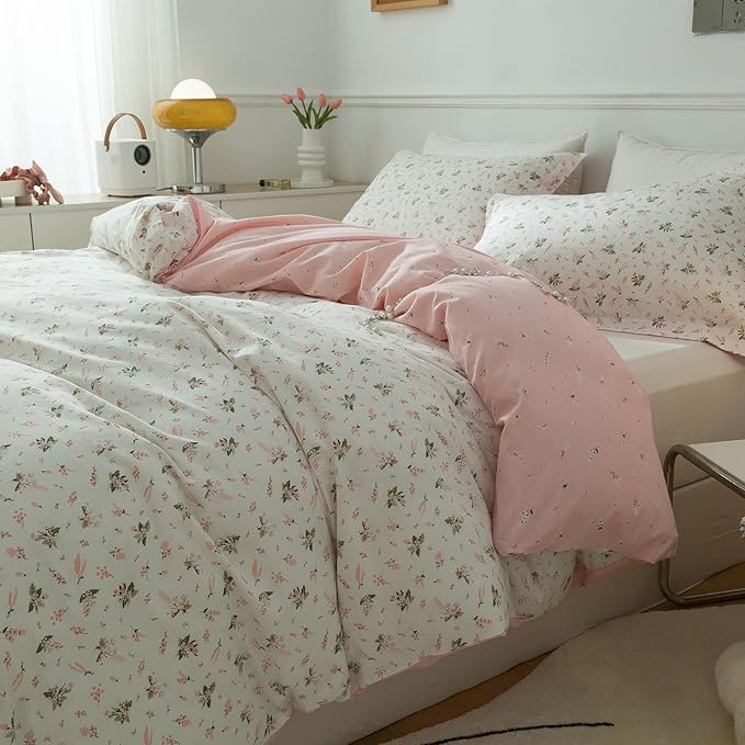 EAVD Vintage Floral Duvet Cover Full Size Cotton Girls Garden Pink Floral Bedding Sets Fulll Aesthetic Comforter Cover with Zipper Chic Fresh Botanical Duvet Cover with 2 Pillowcases