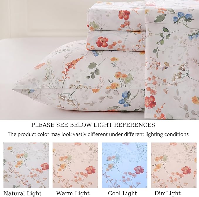 Zusbest Floral Bed Sheets King Size Percale Cotton Orange Blue Flower Sheets Set Green Botanical Printed on White Patterned Deep Pocket Fitted Sheets, Crisp Soft Breathable for Hot Sleepers, 4 Pcs
