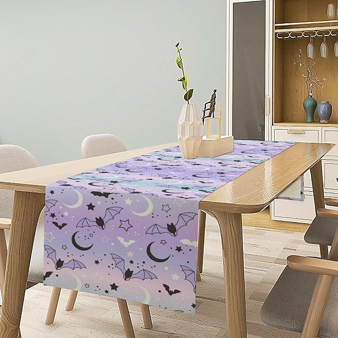 Gothic Table Runner,Cute Bat Star Sky Print Table Runner for Home Kitchen Table Dining Garden Farmhouse Wedding Party Decor 13x120 Inch