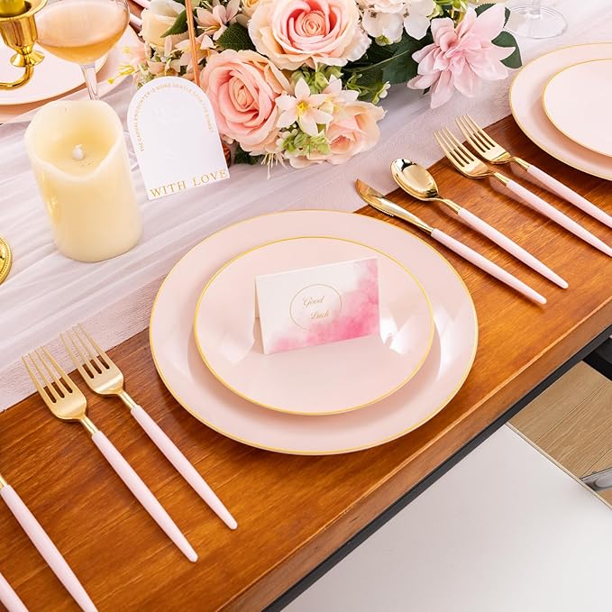 Liacere 150PCS Plastic Plates-Gold Plastic Silverware with Pink Handle - Pink Disposable Plates Include 30 Guests Plates, Forks, Spoons, Knives for Wedding＆Easter Day＆Mother's Day＆Valentine's Day