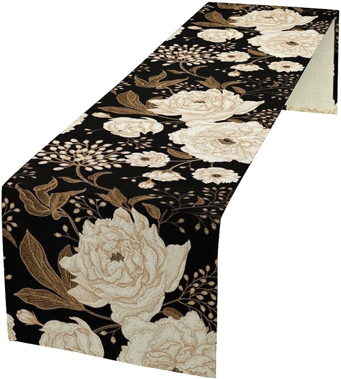Vintage Flowers Table Runner,Black Gold Peony Rose Print Table Runner for Home Kitchen Table Dining Indoor Outdoor Party Decor 13x36 Inch