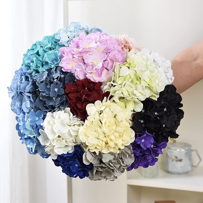 10PCS Silk Hydrangea Heads with Stems Artificial Flowers for Wedding Party Home Decor (Champagne)