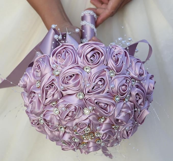 Bridal Wedding Bouquet Round Bling Brooch Bouquet Throw Toss Artificial Rose Flower Bunch for Bride Bridesmaid Wedding Quinceanera(Light Taro Purple, 7.5")