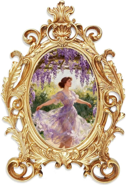 Oval Photo Frame 4x6, Gold Vintage Resin Picture Frames with Glass Cover, Antique Picture Frame for Living Room, Retro Handmade Photo Frames for Tabletop or Wall Hanging, Pictures Display Frames Art