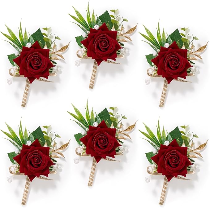 Serwalin 6PCS Red Rose Boutonniere for Men Wedding Groom Groomsmen Best Man Boutonniere for Wedding Ceremony Anniversary Prom Flowers Formal Dinner Party, Red