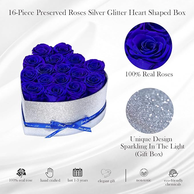 Flowers for Delivery, 16 Blue Forever Roses Heart Shape Box - Preserved Rose Gift for Her, Preserved Flower for Mothers Day, Father's Day Just Because