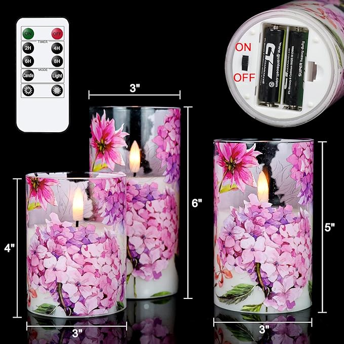 DRomance Pink Hydrangea Glass Flameless Candles with Remote Timer Battery Operated LED Pillar Candles Realistic 3D Wick Flickering Real Wax Wedding Dinner Holiday Decor Candle 3 x 4,5,6 Inches