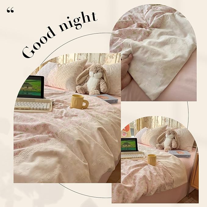 LifeTB Pink Floral Duvet Cover Twin Romantic Lace Bedding Set Garden Style Cottagecore Flower Duvet Cover with Zipper Closure Soft Washed Microfiber Botanical Comforter Cover for Teen Girls