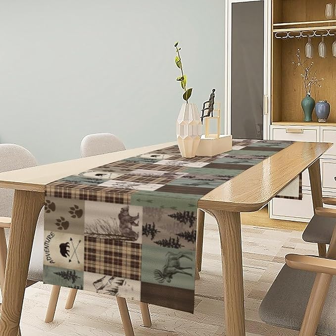 Rustic Moose Deer Bear Table Runner, Retro Vintage Bear Cottage Country Style Cabin Farmhouse Dinner Runner for Home Kitchen Dining Table Decoration 13"x60"
