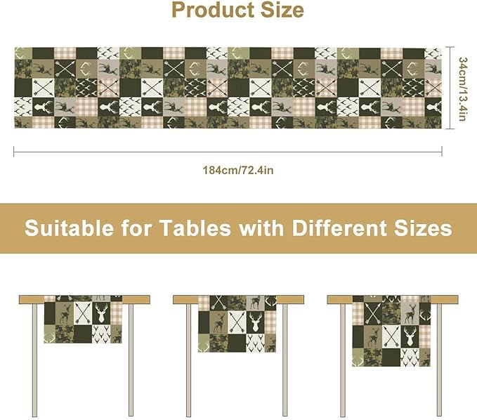 Farmhouse Table Runner, Rustic Deer Camouflage Buffalo Plaid Wild Animal Seasonal Coffee Table Center Decor for Home Kitchen Dining Patio Holiday Party Table Decorations 13x90 inches