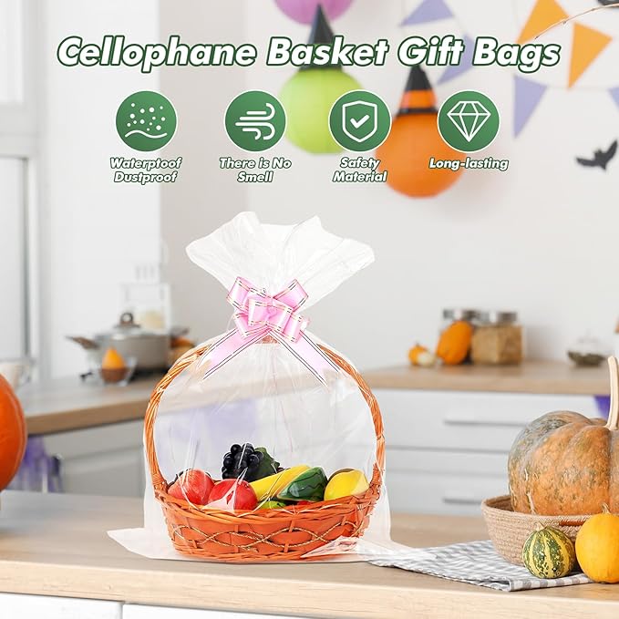 UltraOutlet 50 Packs Large Cellophane Bags 18" x 24" Clear Cellophane Gift Basket Wraps 2.3 Mil Thick TransparentCello Bags for Fruit Basket, Gift Wrap, Treats, Arts and Crafts, 50ct Ribbon Bows