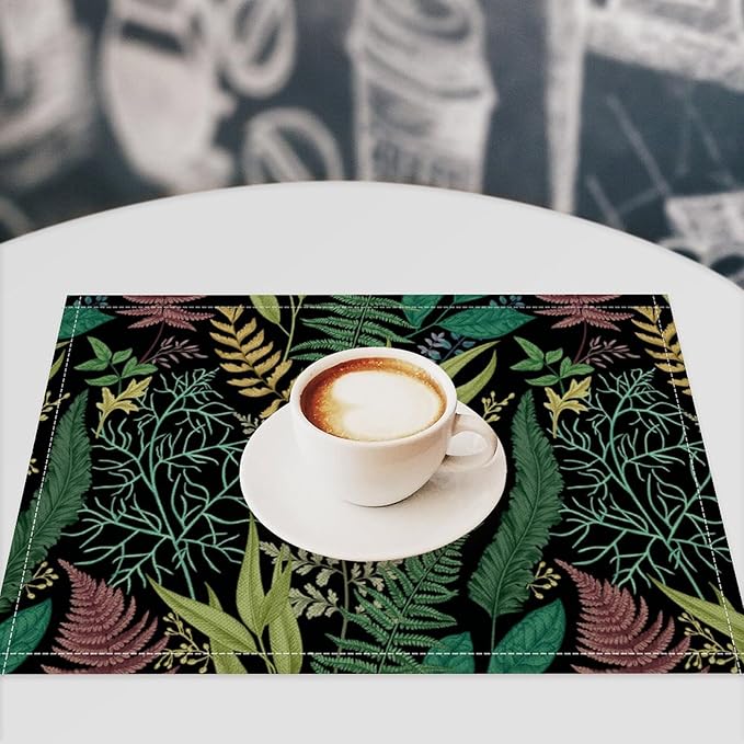 Leaf Placemats Set of 8, 17x12 Inch Vintage Natural Botanical Herbal Green Leaves Table Mats for Home Party Kitchen Dining Decor