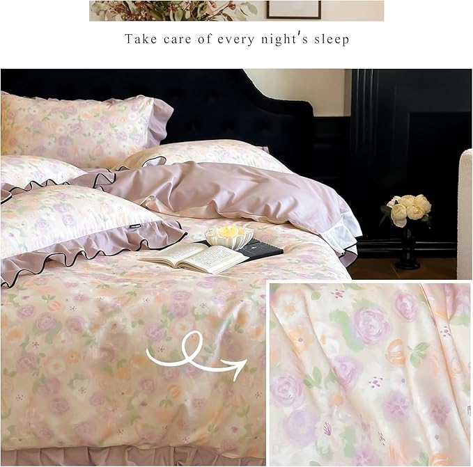 HighBuy Purple Floral Duvet Cover Twin XL Brushed Cotton,Ruffle Design 3 Piece Natural Cotton Soft Bedding Comforter Cover Set for Teen College Vintage Coquette Bedding Breathable
