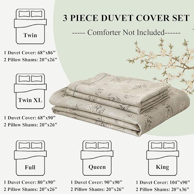 Boho Floral Duvet Cover King Soft Cotton Aesthetic Bedding Sets Chic Garden Floral Comforter Cover 1 Duvet Cover with 2 Pillowcases Botanical Floral Bedding Sets Vintage King Duvet Cover with Zipper