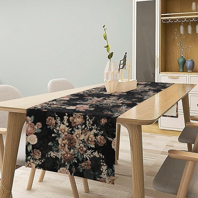 Dark Floral Table Runner, Orange Blossoming Flower Bunch Rose Gothic Black Wildflowers Table Runner for Farmhouse Kitchen Dining Table Decor, 13x90inch