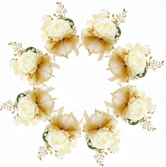 Rose Champagne Wrist Corsages 8 Pcs - Bride Bridesmaid Wrist Corsage Bracelets for Wedding, Prom and Anniversary,Formal Dinner Party & Flower Girl Accessories(C)