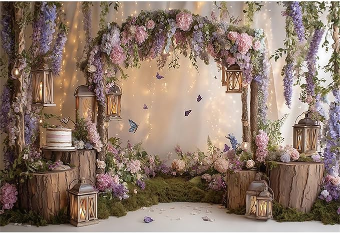 Baocicco Purple Flowers Wall Backdrop 12x8ft Rustic Style Wooden Arch Door Butterfly Background Photography Rural Wedding Baby Shower Birthday Party Banner Supplies Anniversary Decorations Props