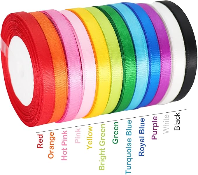 Multicolor Satin Ribbons for Crafting Rainbow Colorful Ribbon for Gift Wrapping Birthday Party Decorations, Double Face Thin Ribbon Hair Ribbons 12 Colours 1/4" X 10Yards Each Total 120 Yds