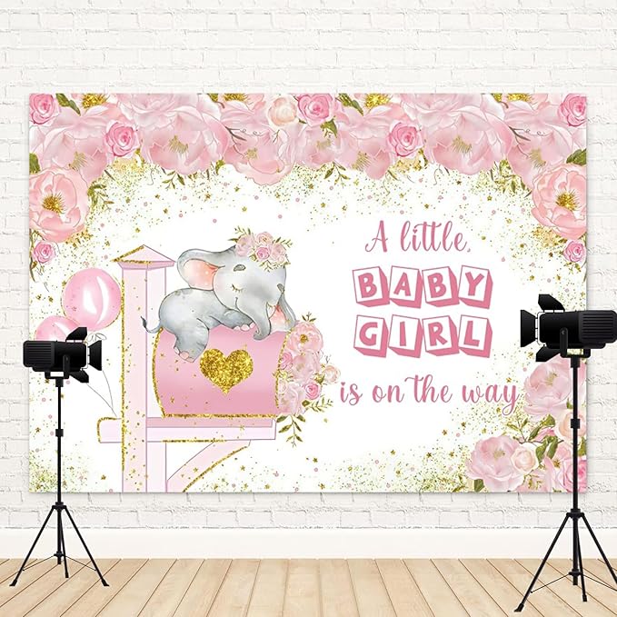 9x6ft Elephant Baby Shower Backdrop A Little Baby Girl is On The Way Photography Background Pink Floral Balloon Mailbox Baby Girls Party Banner Decorations Newborn Portrait Photo Booth Prop