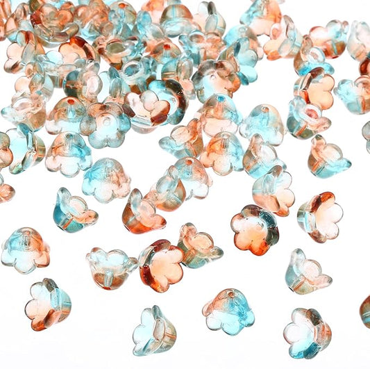 PATIKIL Glass Trumpet Flower Beads, 200 Pcs Gradient Flower Bead Charm for Jewelry Making DIY Craft, Bracelets, Earrings, Necklaces Decorations, Orange, Cyan