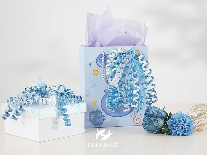 HUIHUANG Blue Bows for Gift Wrapping Blue and White Curly Bows with Self Adhesive & Twist Tie, 7 inch Gift Bow for Presents, Gift Basket, Baby Shower, Christmas Decor, Party Favors- 6 Counts