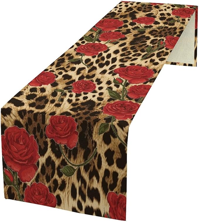Red Rose Leopard Print Table Runner, Romantic Vintage Rose Flower Spring Summer Dinner Runner Table Decoration for Home Kitchen Dining Holiday Wedding Party 13x108in