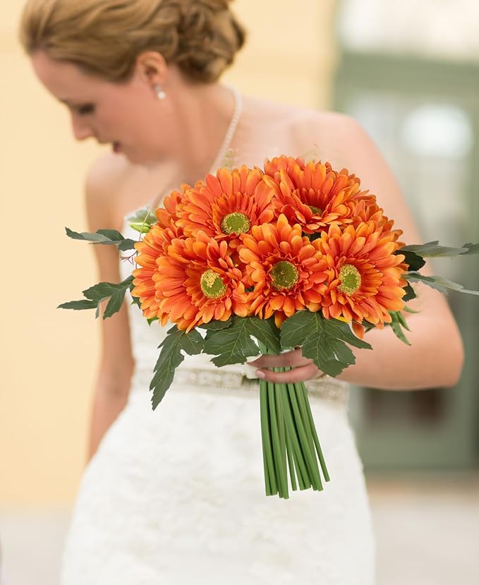 IPOPU 2 Bundles Fall Artificial Gerbera Daisy Flowers 14 Heads Orange Fake Daisy with Stems Faux Silk Daisy Flowers for Wedding Bridal Bouquet Party Floral Arrangements Home Decoration (Orange)