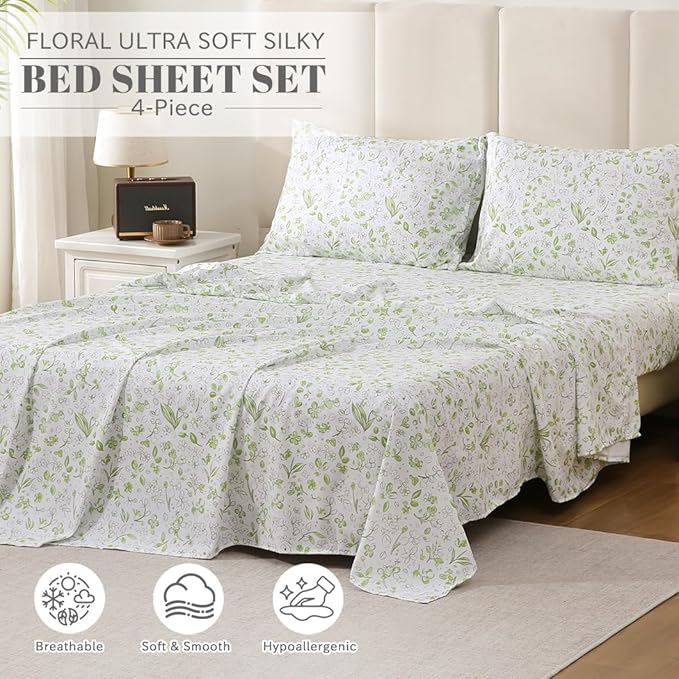 Bedlifes Twin Sheet Set Ultra Soft, Breathable, Silky Flower Deep Pocket 100% Microfiber Bedding, 3 Piece Twin Size Green Floral