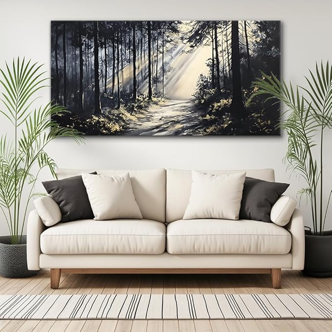LAVIKARS Rustic Sunlight Forest Wall Art for Living Room Office Black and White Modern Landscape Canvas Painting Prints Large Nature Artwork Home Kitchen Bedroom Decor (16x30 Inches)