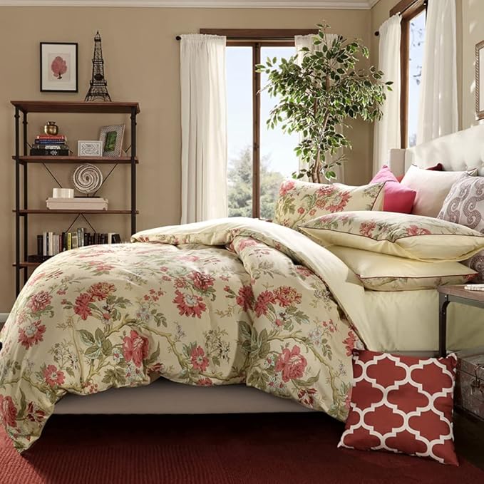 mixinni Garden Style 3 Pieces Red Flower Leaf Pattern Duvet Cover Set Queen Reversible Beige Comforter Cover Set for Women and Men, Easy Care, Soft, Durable-(3pcs, King Size)