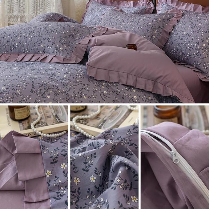 Purple Ruffle Duvet Cover Twin 3 Pieces Cute Daisy Flower Duvet Cover Girls Cottagecore Bedding Set Twin 100% Cotton Romantic Lace Comforter Cover Aesthetic Floral Bedding Cover with Zipper Closure