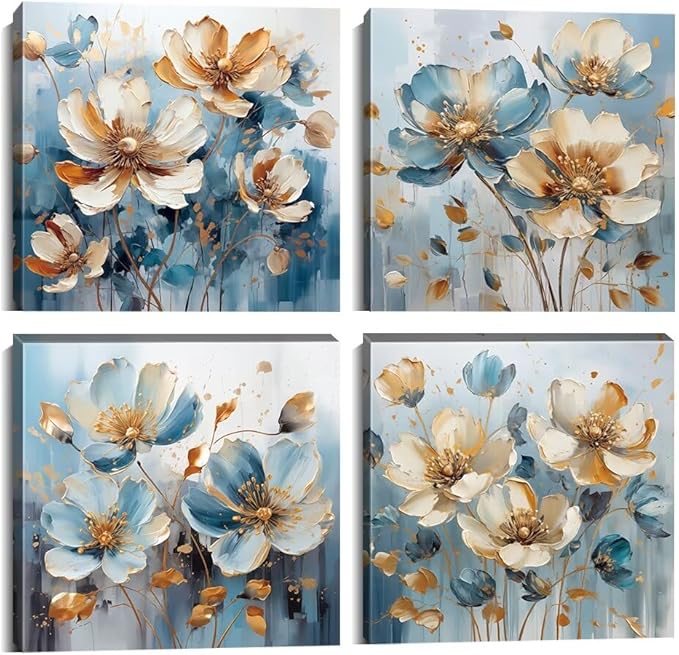 Pankila White Flower Wall Art Floral Pictures Blue and White Canvas Flowers Wall Decor Life Poster for Living Room Bedroom Bathroom Home Decorations Framed Artwork Ready to Hang (24''W x 24''H x 4)