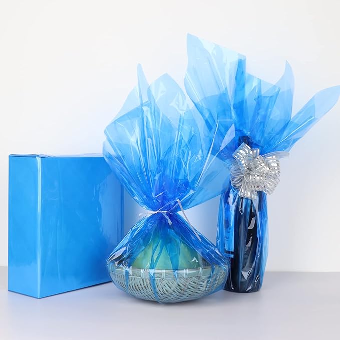 CMFYHM Iridescent Blue Cellophane Wrap Roll I 34 In Wide X 50 Ft Long I Colorful Cello Perfect For Baskets,Gifts, Treats,Birthday Holiday Wedding Floral, Party Arts Crafts Decoration (Blue)
