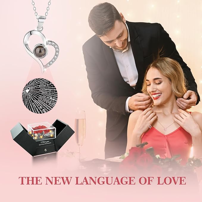 Preserved Real Roses with Heart Necklace I Love You in 100 Languages, Romantic Anniversary Christmas Gifts for Wife Girlfriend, Forever Roses Necklace Gifts