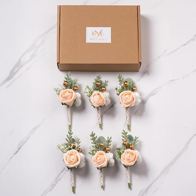 Meldel Champagne Boutonniere for Men Wedding, Set of 6, Groom Groomsman Boutonniere, Mens Boutonnieres for Wedding Prom Ceremony Anniversary Party Homecoming Graduation