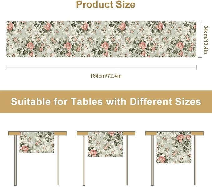 Rose Floral Table Runner, Green Pink Rose Leaf Classic Vintage Decorative Table Runner for Kitchen Dining Party Wedding Home Decor, 13x60 Inch