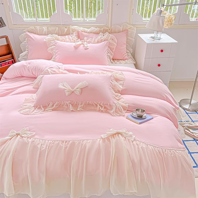 Girls Lace Bedding,Pink Full Comforter Cover Set, Chic Ruffled Duvet Cover with Lovely Bow,Princess Style 1 Duvet Cover with 2 Pillowcases, No Comforter-Pink,Full Size